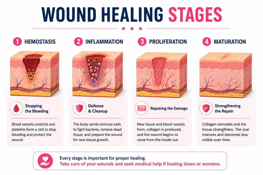 Wound Healing Stages Explained Four Wound Healing Stages from injury to tissue repair and scar maturation