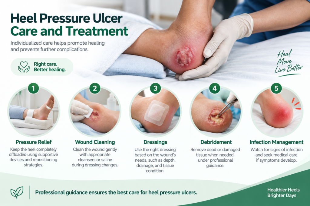 Heel pressure ulcer care and treatment including pressure relief, wound cleaning, dressings, debridement, and infection management