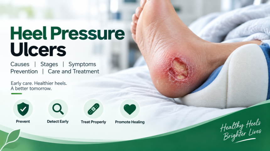 Heel pressure ulcer showing pressure-related wound with information on causes, stages, symptoms, prevention, and treatment Heel Pressure Ulcers – Causes, Stages, Symptoms, Prevention and Care