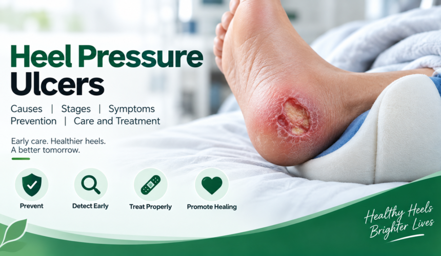 Heel pressure ulcer showing pressure-related wound with information on causes, stages, symptoms, prevention, and treatment Heel Pressure Ulcers – Causes, Stages, Symptoms, Prevention and Care