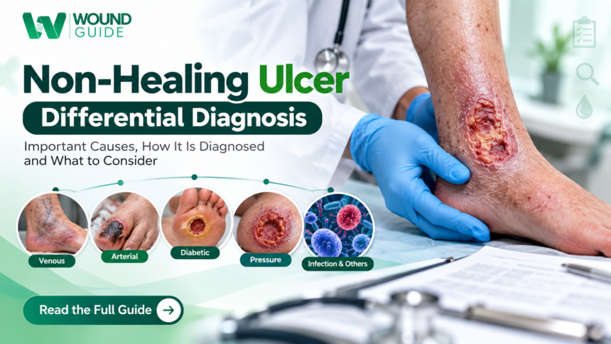 Non-Healing Ulcer Differential Diagnosis Non-Healing Ulcer Differential Diagnosis showing venous, arterial, diabetic, pressure and infectious ulcer causes