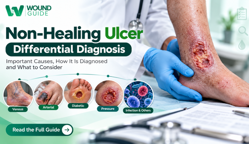 Non-Healing Ulcer Differential Diagnosis Non-Healing Ulcer Differential Diagnosis showing venous, arterial, diabetic, pressure and infectious ulcer causes