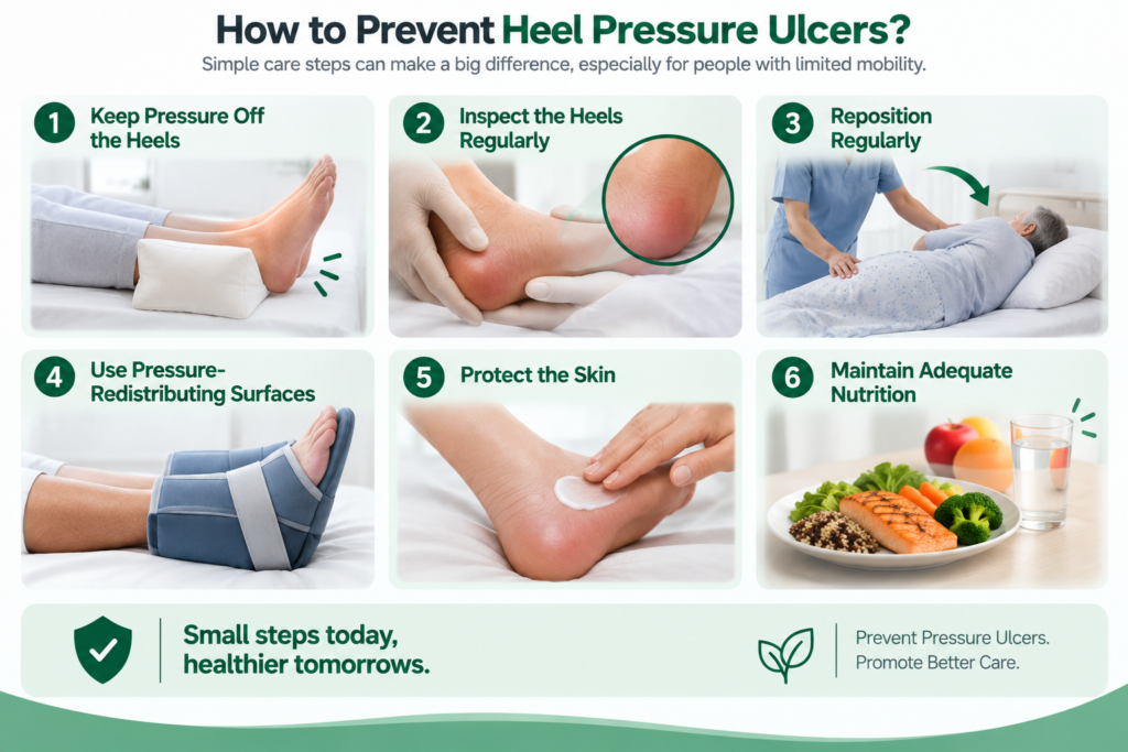 Six ways to prevent heel pressure ulcers including heel offloading, regular inspection, repositioning, pressure redistribution, skin protection, and adequate nutrition