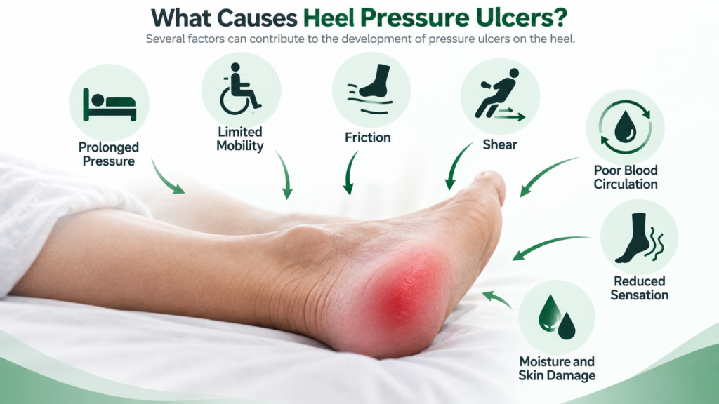 Causes of heel pressure ulcers including prolonged pressure, limited mobility, friction, shear, poor circulation, reduced sensation, and moisture