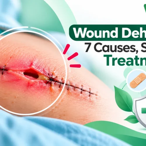 Surgical wound dehiscence showing an open incision with stitches and surrounding redness.