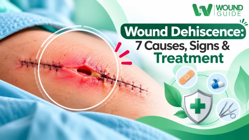 Wound Dehiscence: 7 Causes, Signs & Treatment Surgical wound dehiscence showing an open incision with stitches and surrounding redness.