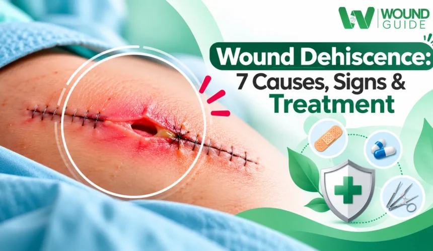 Wound Dehiscence: 7 Causes, Signs & Treatment Surgical wound dehiscence showing an open incision with stitches and surrounding redness.