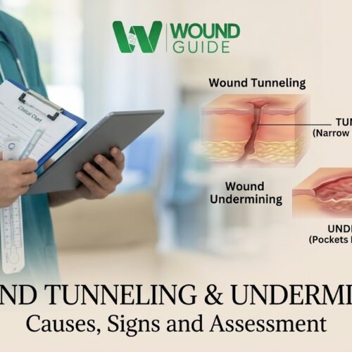 Medical illustration showing wound tunneling and undermining beneath the skin surface.
