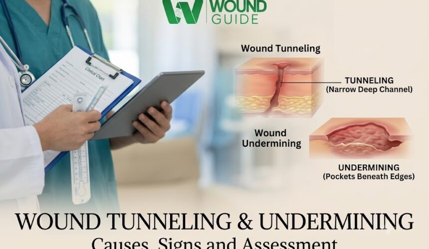Wound Tunneling and Undermining: Causes, Signs and Assessment Medical illustration showing wound tunneling and undermining beneath the skin surface.