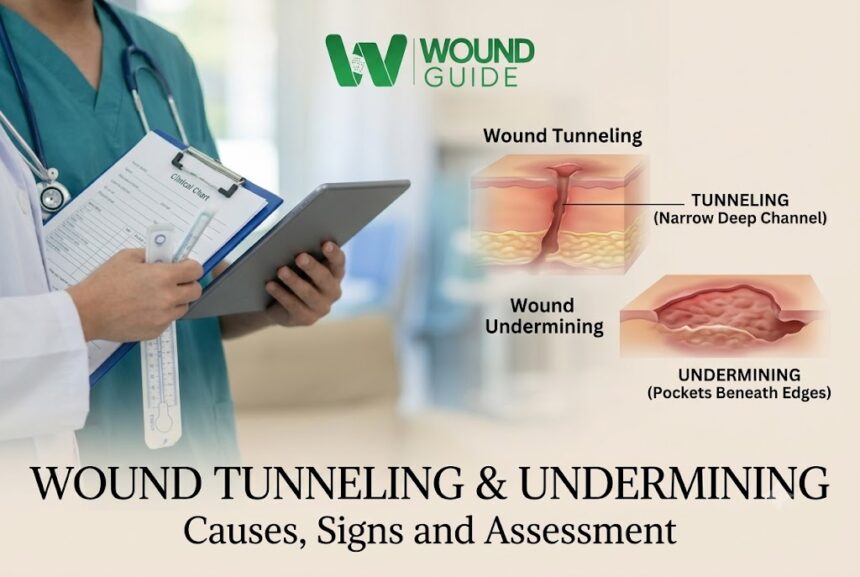 Wound Tunneling and Undermining: Causes, Signs and Assessment Medical illustration showing wound tunneling and undermining beneath the skin surface.