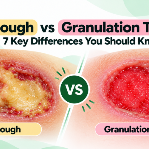 Slough vs Granulation Tissue showing yellow slough compared with healthy pink red granulation tissue