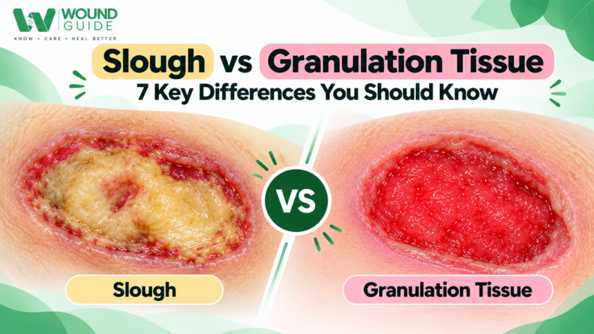 Slough vs Granulation Tissue showing yellow slough compared with healthy pink red granulation tissue