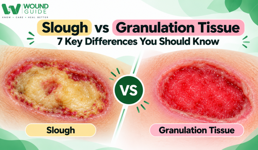 Slough vs Granulation Tissue: 7 Key Differences Slough vs Granulation Tissue showing yellow slough compared with healthy pink red granulation tissue