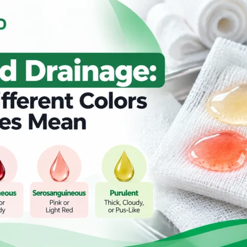 Wound drainage colors and types, including serous, sanguineous, serosanguineous, and purulent drainage. Copy alt text