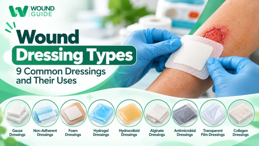 Wound Dressing Types: 9 Common Dressings and Their Uses Wound Dressing Types showing 9 common dressings including gauze, non-adherent, foam, hydrogel, hydrocolloid, alginate, antimicrobial, transparent film and collagen
