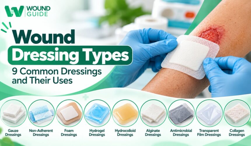Wound Dressing Types: 9 Common Dressings and Their Uses Wound Dressing Types showing 9 common dressings including gauze, non-adherent, foam, hydrogel, hydrocolloid, alginate, antimicrobial, transparent film and collagen