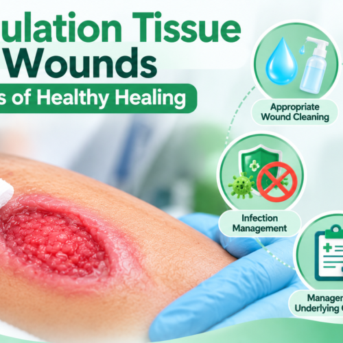 Granulation Tissue in Wounds showing healthy healing tissue, wound cleaning and key wound care steps