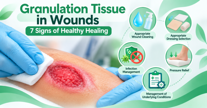 Granulation Tissue in Wounds: 7 Signs of Healthy Healing Granulation Tissue in Wounds showing healthy healing tissue, wound cleaning and key wound care steps